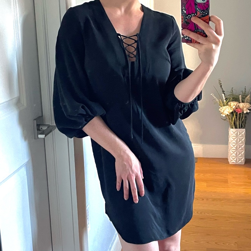 AMANDA UPRICHARD Black Silk Dress Lace Up Detail Balloon Sleeves LBD
